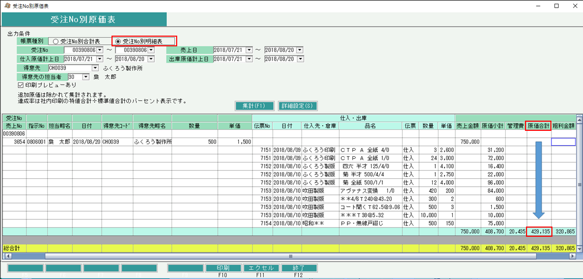 受注Ｎｏ別原価表