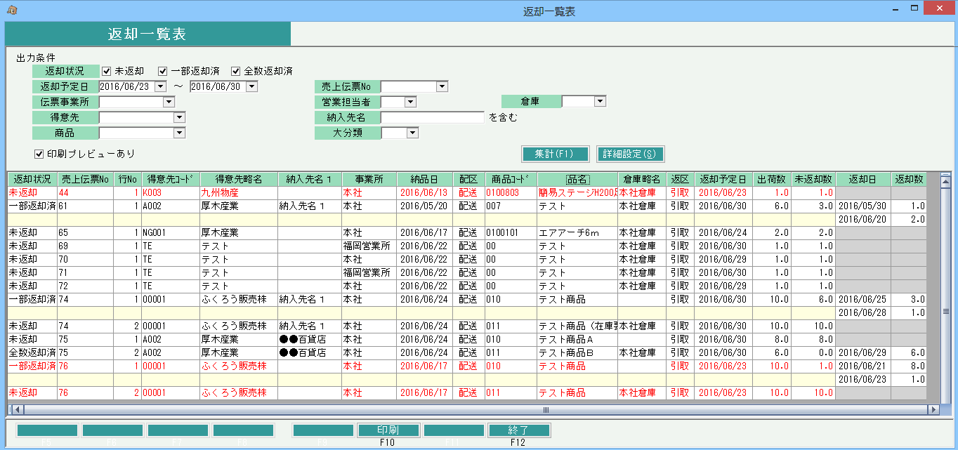 イベントレンタル版　返却一覧表画面